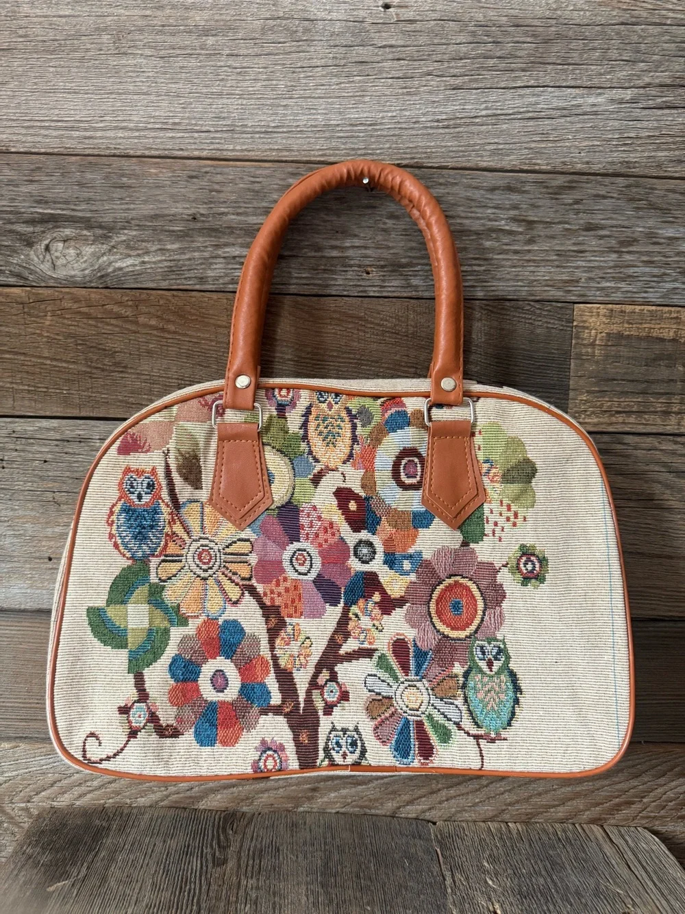 Brown Handle Tapestry Floral bag
